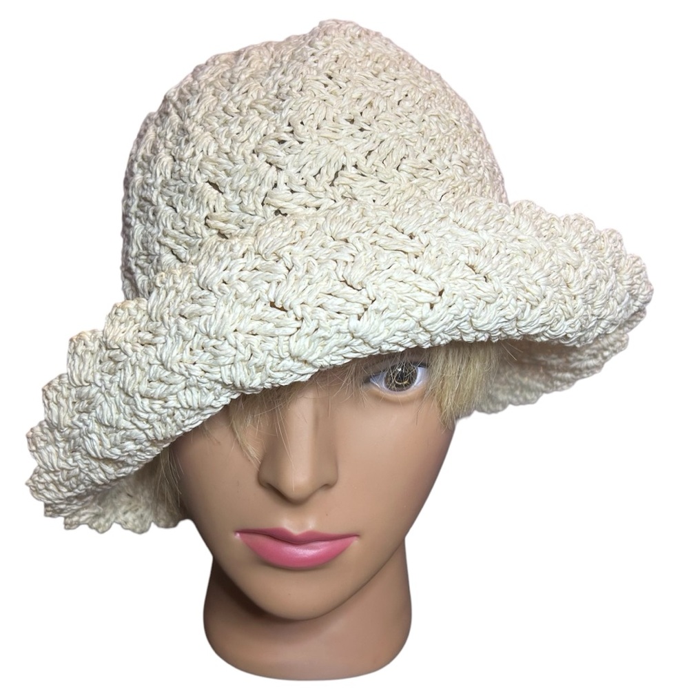 Women’s Woven paper hat‎ off-white lightweight brimmed beaded string OS